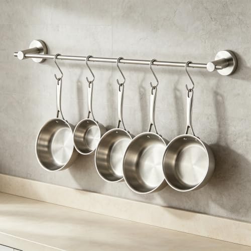 NEWRAIN Hanging Pot Rack 17.5 Inch Stainless Steel Wall Mounted Brushed Nickel Pot and Pan Hanger with Adjustable S Hooks, Rustproof Kitchen Utensil Rail for Organizing Pots, Pans, Lids,Mug & Towels - Image 2