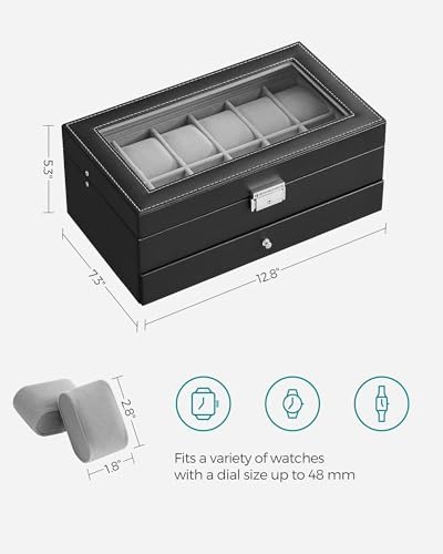 SONGMICS Watch Box, 12-Slot Watch Case Organizer with Large Glass Lid, 2 Layers, Removable Pillows, Metal Lock, Gift for Loved Ones, Black Synthetic Leather, Gray Lining UJWB012 - Image 6