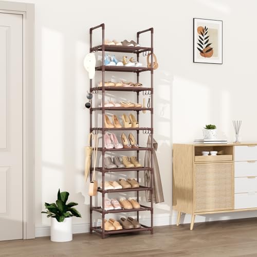 VTRIN 10 Tiers Tall Shoe Rack Holds 20-25 Pairs of Shoes Sturdy Vertical Shoe Organizer with 18pcs Hooks Stackable Narrow Shoe Rack for Closet, Entryway Brown - Image 2