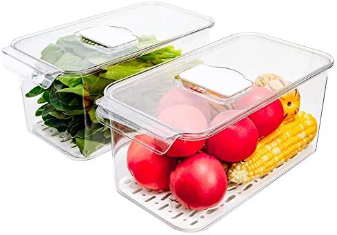 Slideep Refrigerator Food Storage Containers, Lettuce Keeper Large Produce Saver Stackable Container with Lids & Removable Drain Tray, Clear Veggie Fruit Salad Lettuce Container -2 Pack - Image 2