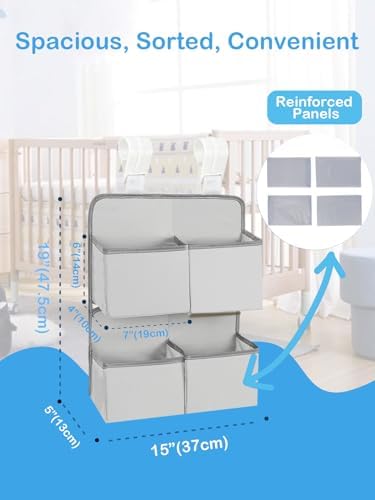 Hanging Diaper Organizer for Crib/Playard/Bassinet/Playpen – Hold 80+ Diapers - Changing Table Diaper Holder - Hanging Diaper Storage Stacker Nursery Caddy Organizer for Newborns (Silver-gray) - Image 3