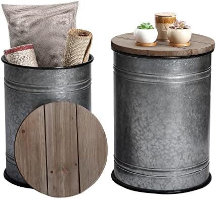 RUSTOWN Farmhouse Accent Side Table, Set of 2 Galvanized Storage Ottoman by RUSTOWN