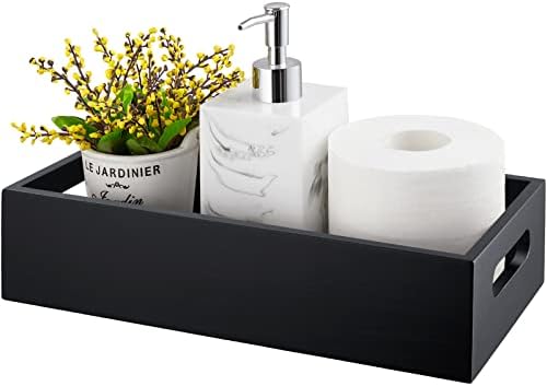 ALELION Black Bathroom Basket - Wooden Toilet Tank Paper Basket with Handle for Organizing - Back of Toilet Storage Organizer for Bathroom Tank Topper Counter - Black Bathroom Decor Box by ALELION