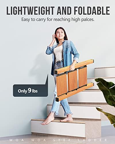 WOA WOA 3 Step Ladder, Foldable Step Stool, 300lbs Load, Wood Grain - Image 3