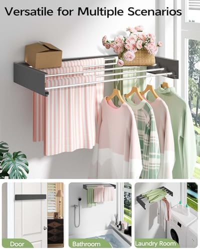 Vikaqi Wall Mounted Clothes Drying Rack 32", Foldable Wall Mount Laundry Rack Folding Indoor, Drying Rack Clothing Collapsible, Hidden Space Saver with Wall Template, 5 Rods, Black - Image 3