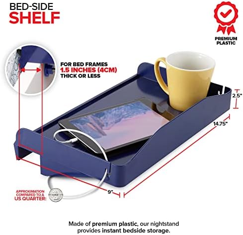 Modern Innovations Bedside Shelf for Bed, College Dorm Room, Bunk Bed Shelf for Top Bunk, Clip On Nightstand Tray with Cord and Cup Holder, Bunkbed Caddy for Table Storage (Navy) - Image 2