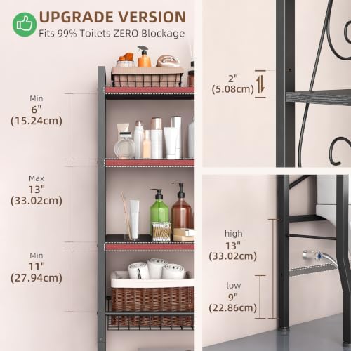 Over-The-Toilet Storage Rack 4-Tier,Bathroom Organizer Shelf Over Toilet,Adjustable Wooden Shelves and Basket,Freestanding Above Toilet Shelf,Space Saver for Rooms(Black Rack-Black Shelves) - Image 2