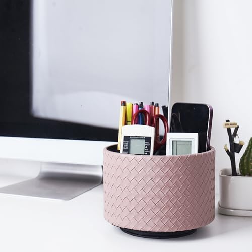 Round Leather Art Supply Organizer,Remote Control Holder,360 Degree Spinning,Multi-Functional Pencil Holder,4 Compartments Desktop Stationary Organizer(1-Weave Purple) - Image 7