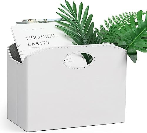 EZDeco Magazine Holder Foldable Magazine Rack Floor PU Leather File Holder Newspaper Book Storage Magazine Basket Document File Folder Organizer for Office Home (White-2) - Image 4
