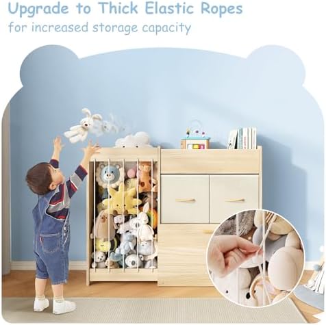 EXPERLAM Toy Storage Organizer with Stuffed Animal Holder, Solid Wood Kids Toy Shelf with 2 Drawers, Rolling Toy Chest and Top Rack, Plush Toy Storage for Bedroom, Playroom, Nursery - Image 4