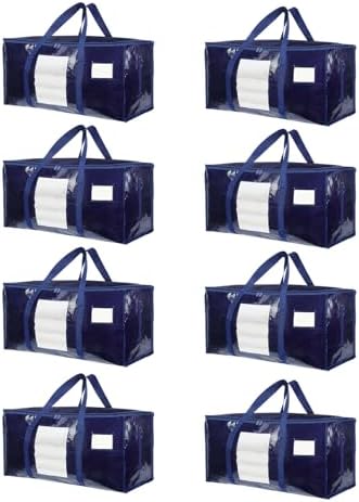 8 Pack Extra Large Moving Bags Heavy Duty 180GSM,130LBS 100L Totes with Visible Window, Zippers & Wrap-Around Handles, Waterproof Reusable, Alt to Moving Boxes, Navy blue by Unknown