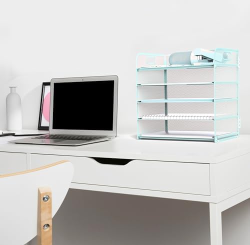 Letter Tray Paper Organizer 5-Tier Desk Organizer File Organizer Paper Holder with Handle, Metal Desktop Document Shelf Tray Office Classroom Organization - Blue - Image 4