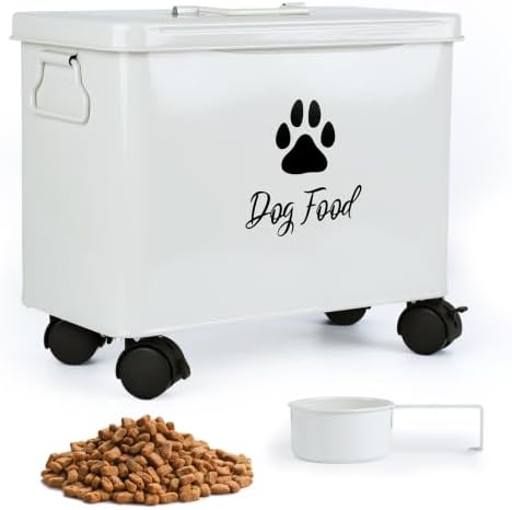 Metal Dog Food Storage Container With Lid 13lb, White Airtight Dog food Bin by Himake