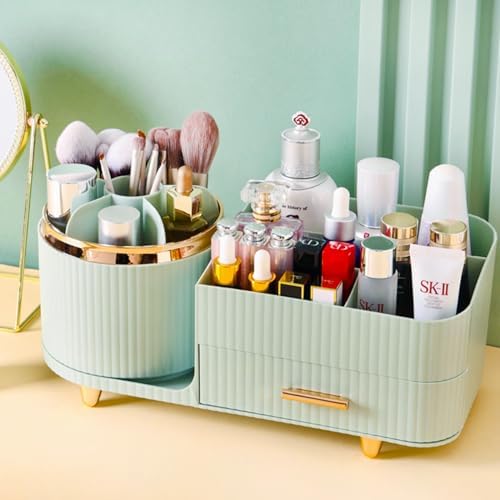 Rotating Makeup Organizer for Vanity with Brush Holder and Drawer, Cosmetic Makeup Storage, Large Spinning Makeup Skincare Organizer, Countertop Makeup Perfume Organizer, Lotions Display Case (Green) by COMFYROOM