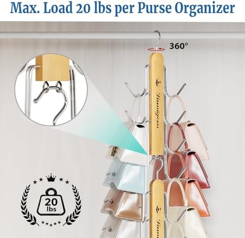 Purse Hanger, 2 Pack Purse Organizer for Closet with 16 Hooks for Heavy Bags, Sturdy Bag Storage, Rotatable Handbag Holder, Purse Rack Space Saving Backpack Hanging Closet Organizer Hangers - Image 3