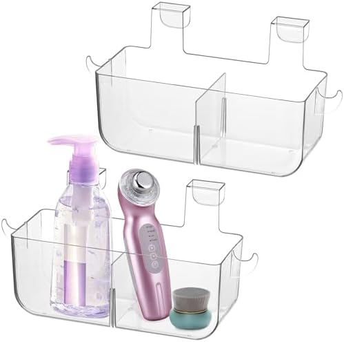 Poeland 2 Pack Over Cabinet Door Organizer, Plastic Storage Bin with 2 Hooks, Over Cabinet Holder for Kitchen, Pantry, Bathroom, Inside or Outside Door (Transparent) by Poeland
