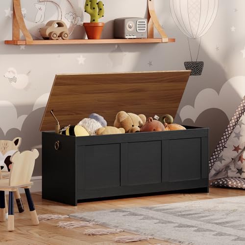 HOOBRO 47.2" Large Storage Bench, Retro Storage Chest with Safety Hinge, Wooden Storage Trunk, Toy Chest with Lift Top for Bedroom, Living Room, Entryway, Black and Walnut BH412CW01 - Image 6