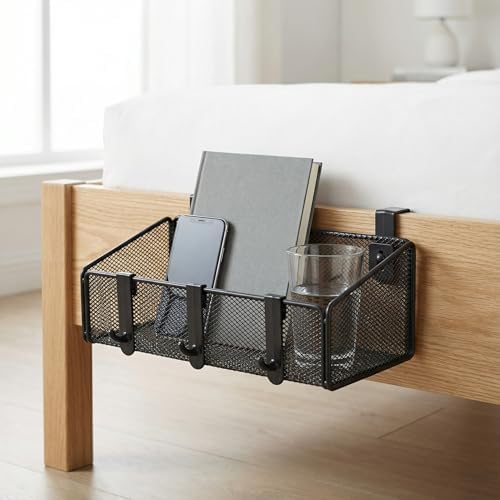 JDYOOMI Bedside Caddy Shelf Hanging Storage Basket for Bunk Bed, Office Cubical Walls, Baby Rails, College Dorm Organizer - 5 Pairs Sized Hooks for Phone, Glass, Magazine, Decor (Black) - Image 4