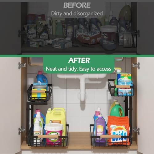 ADRIMER Under Sink Organizer 2 Packs, Pull Out Kitchen Sink Organizer, 2 Tier Slide Out Kitchen Organizers and Storage Bathroom Under Cabinet Storage Shelf, Black - Image 4