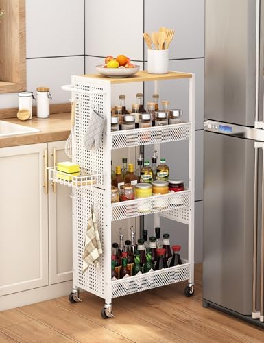 Slim Storage Rolling Cart: 4-Tier Narrow Metal & Wood Utility Cart with Wheels for Kitchen/Laundry/Bathroom(White) by Stayorganized