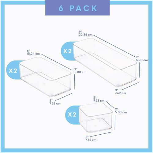 primebox Six Pieces - Clear Plastic Drawer Organizer Bins - Stackable, Non-Slip, 3 Sizes - Image 3