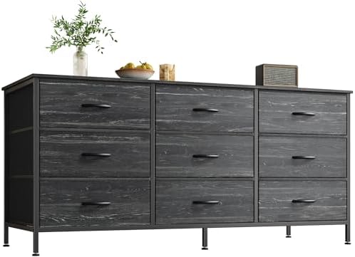 Huuger 9 Drawer Dresser, 47 Inch TV Stand for 50, 55 Inch TV, Entertainment Center with Drawers, Fabric Dresser Chest of Drawer for Bedroom, Closet, Charcoal Black Wood Grain Print by Huuger