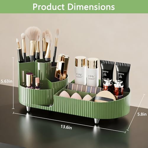 Rotating Makeup Organizer for Vanity with Brush Holder, Cosmetic Makeup Storage Organizer, Large Spinning Makeup Skincare Organizer, Countertop Makeup Perfume Organizer, Lotions Display Case Green - Image 2