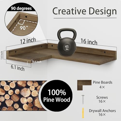 Floating Corner Shelves Set of 4, Rustic Pine Wooden Floating Corner Wall Shelf for Wall Décor Storage, L Shaped Corner Shelf Wall Mount For Bedroom, Living Room, Bathroom, Kitchen, Light Brown - Image 2