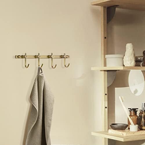 WINCASE Brass Towel Hook Rack, Brushed Brass Wall Hook Rack, Antique Brass Row Hooks with 4 Hooks Rustic Wall Mounted - Image 3