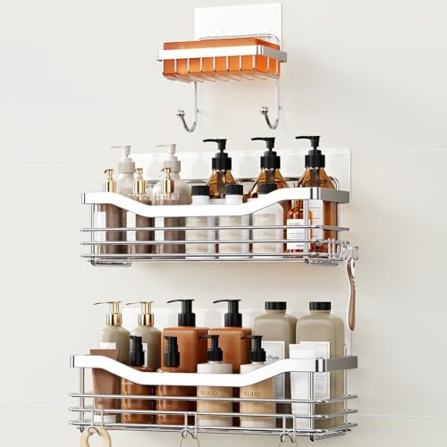 Orimade Shower Caddy Basket Shelf,3-Pack Adhesive Shower Organizer with Soap Dish Holder, No Drilling Wall Mounted Rustproof Stainless Steel Shower Shelves with 7 Hooks,for Bathroom by Orimade