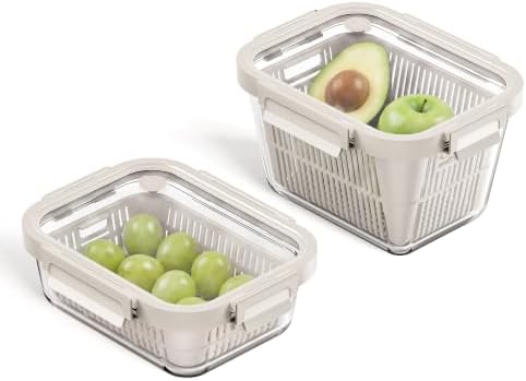 GENICOOK Glass Fruit Storage Containers for Fridge, 2 Set Produce Containers with Removable Colanders & Vent Glass Lids, Airtight Fruit & Vegetable Storage, BPA Free Borosilicate Glass by GENICOOK