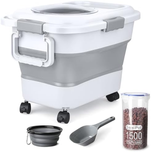 Dog Food Storage Container, 10-20 lbs Airtight Collapsible Cat Food Storage Container with Attachable Wheels, Portable Handle, Dog Food Scoop for Dog Cat Bird Pet Dry Food Storage Bin Light Grey by TIOVERY