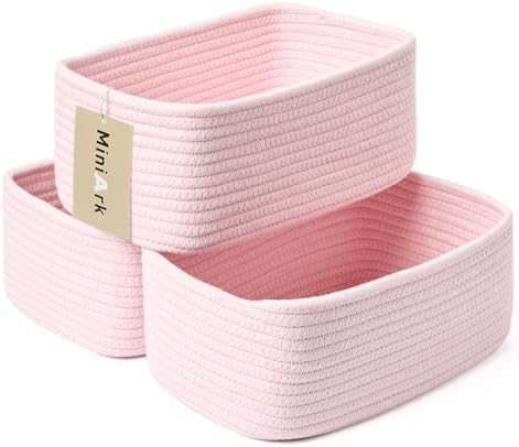 MiniArk Small Storage Baskets for Organizing | Closet Organizer Bins | Shelf Toy Basket | Woven Rope Baskets | Cube Decorative Box | Shallow Basket | 11.5x7.5x4.7” | 3 Packs Light Pink by MiniArkStorageBasketsHome