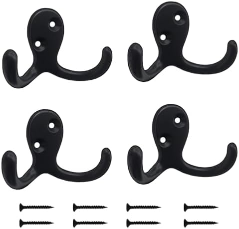 Kruodop 4 Pack Wall Hooks Wall Mounted Coat Hooks for Hanging Heavy Duty, Black Towel Hooks, Metal Double Coat Hanger with Screws Cup Retro for Coats, Handbags, Towels, Hat by Kruodop