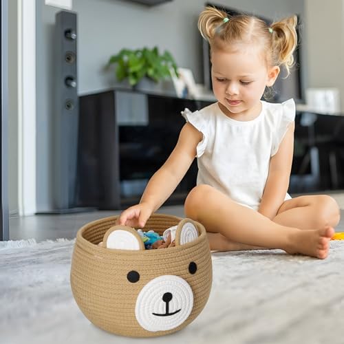 PandaEar Cotton Rope Baby Basket, Baby Gift Basket Nursery Laundry Organizer with Cute Bear Design for Storage Infant Newborn Essentials, Diaper Caddy with Handle (Brown) - Image 5