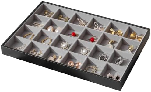 Large Jewelry Organizer Tray PU Leather, Black Gray, 24 Grids by Unknown