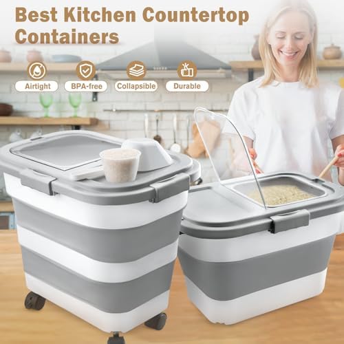 Komzon Rice Storage Container, Collapsible Airtight Food Storage Containers 6-20 Lbs, Rice Dispenser Bin with Cup and Scoop for Flour Cereal Pasta Grain, Cat Bird Pet Dog Food Storage Container - Image 4