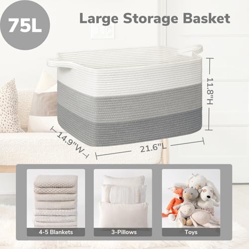 Goodpick Large Woven Rope Blanket Basket, Rectangle, Light Gray - Image 3