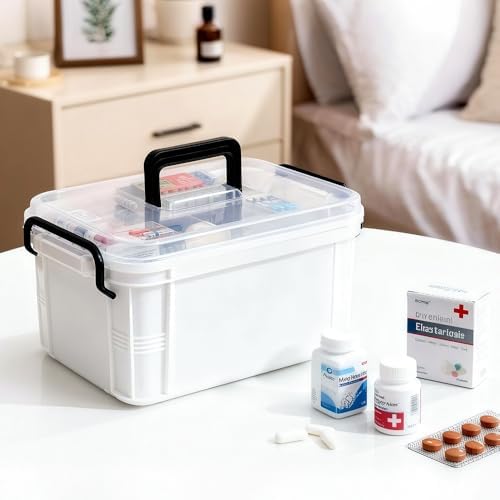 2-Tier Medicine Organizer - Plastic Portable Storage Box with Handle White - Image 6
