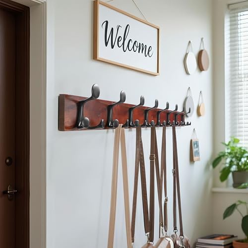 WEBI Coat Rack Wall Mount,43" Solid Wood Coat Hooks Wall Mounted Coat Hanger,16" Hole to Hole,Heavy Duty Hook Rack Rail,8 Triple Hooks for Hanging Coats,Jacket,Clothes,Hat,Backpack,Cherry - Image 2