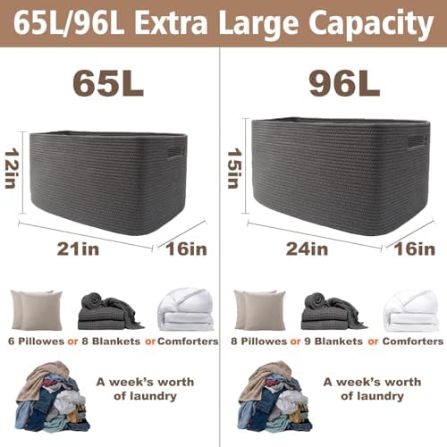 JMvicyroam 65L Large Woven Cotton Rope Blanket Basket, Grey - Image 3