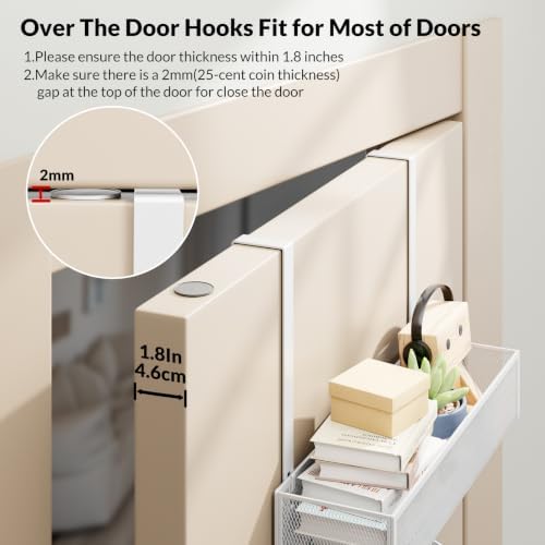 BAKON Over-the-Door Storage Organizer, Heavy-Duty Behind Door Rack with 2 Mesh Baskets & 4 Hooks for Towels Coats Keys, Space Saving for Bathroom Bedroom Kitchen Office, White - Image 3