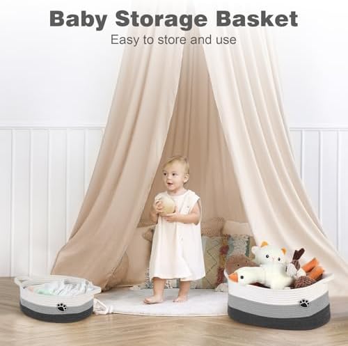 Optish Dog Toy Basket, Toy Box and Bin for Dog Cat Storage, 13.5" X 11" X 5" Small Woven Rope Basket for Baby Storage, Closet, Living Room, White & Grey - Image 4