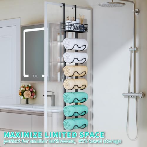 HapiRm Over The Door Towel Rack - 8 Tier Wall Mount Rolled Towel Holder Storage Organizer Shelf with Storage Basket for Small Bathroom, Rv, Camper - Black - Image 6