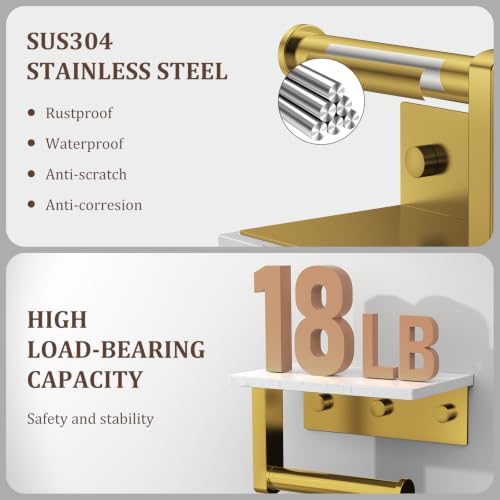 BWE Toilet Paper Holder with Marble Shelf, Toilet Paper Roll Holder Wall Mounted, Toilet Paper Roll Holder with Phone Shelf 304 Stainless Steel Tissue Holder for Bathroom Washroom (Gold) - Image 4