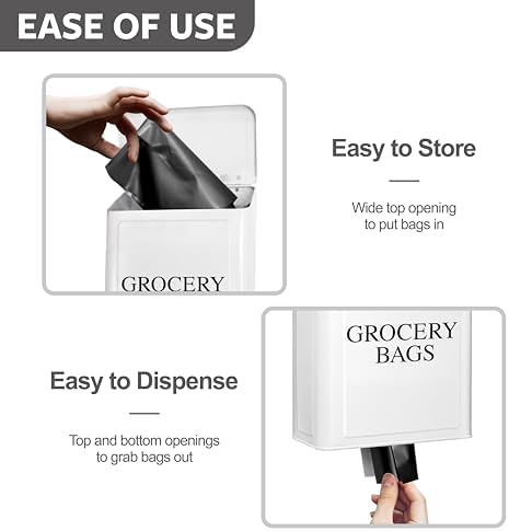Calindiana Modern Farmhouse Metal Magnetic Grocery Bags Holder for Plastic Bags with LId and Kitchen Organizer and Storage Wall Mount Grocery Bag Dispenser Space Saving, White - Image 2