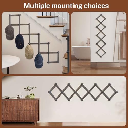 SCUNDA Rustic Wall Mounted Hat Rack with Space Saving Accordion Design, Expandable Hat Holder with 16 Wood Hooks, Modern Farmhouse Wall Hanger for Mug, Coat, Bags(Shabby Grey) - Image 3