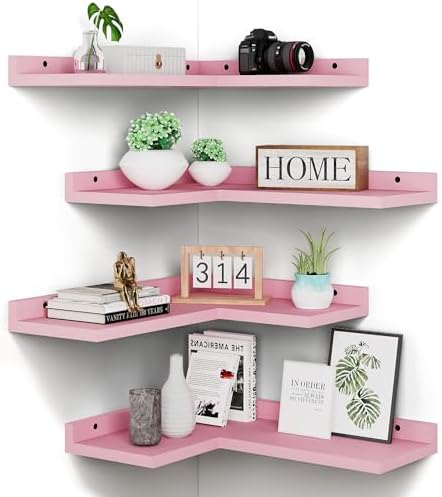 4 Tier Floating Corner Shelves Pink Set of 4, Rustic Pine Wooden Floating Corner Wall Shelf for Wall Décor Storage, L Shaped Corner Shelf Wall Mount for Bedroom, Living Room, Bathroom, Kitchen. by Eostbe