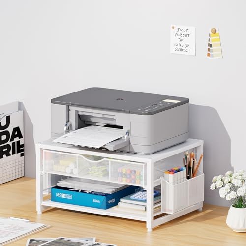 Marbrasse Metal Printer Stand for Desk with Storage Drawer and 2 Pen Holders, 2-Tier Desktop Organizer Printer Table for Home Office, Multi-Purpose Desk Organizer for Fax Machine Scanner Files(White) - Image 2
