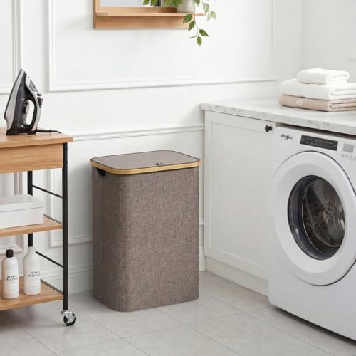 Lifewit 80L Large Laundry Basket with Lid, Removable Bags, Brown - Image 2